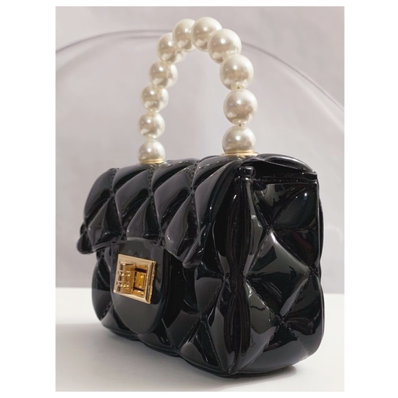 NWOT NORDSTROM RACK Faux Pearl Handle Quilted Black Jelly Mini Crossbody Bag - Picture 8 of 11